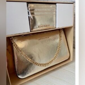 Michael Kors Gold Jet Set Medium Shoulder Crossbody Bag + Credit Card Wallet